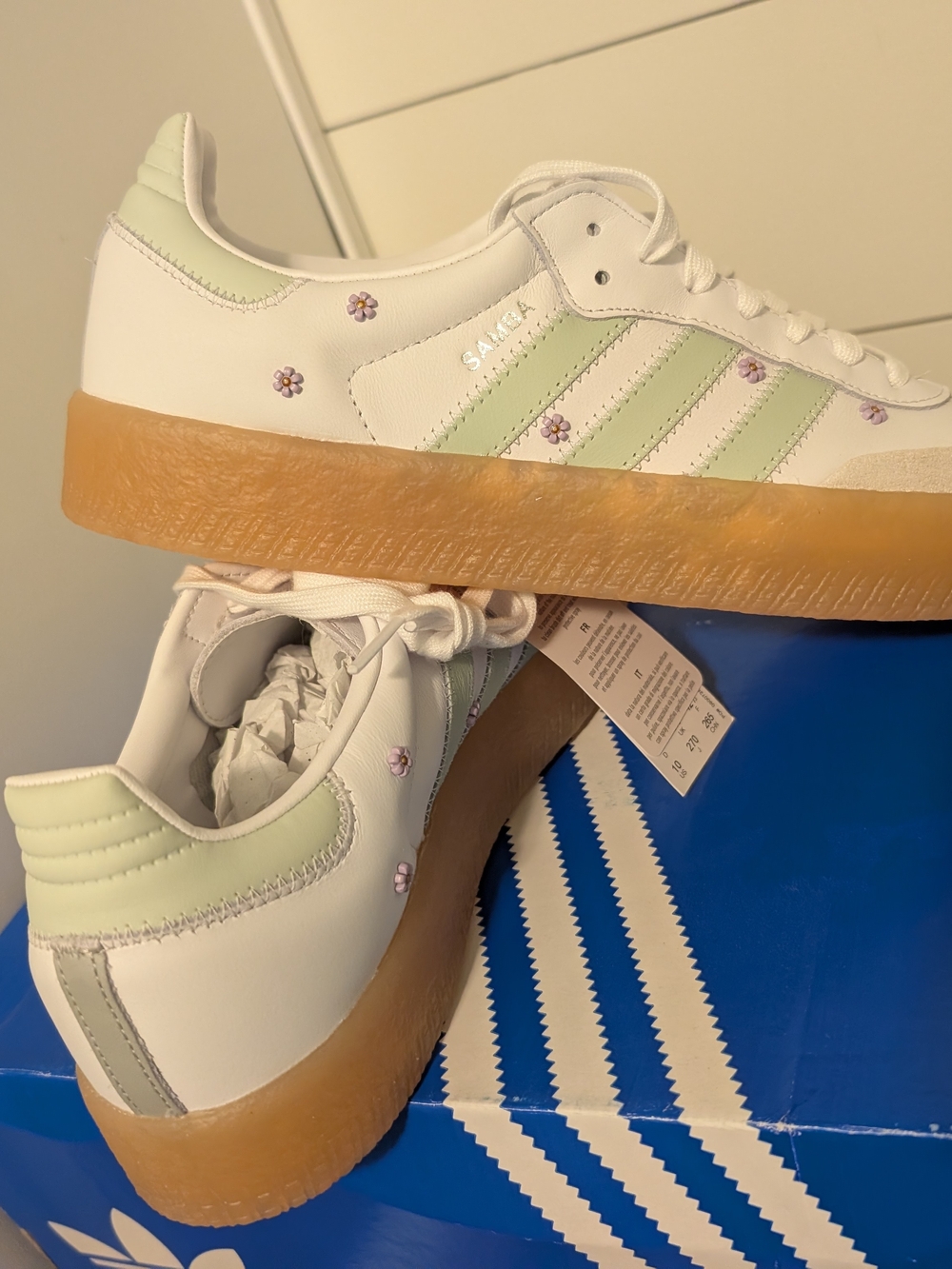 adidas Samba Platform Sneakers - White & Light Green with Gum Sole